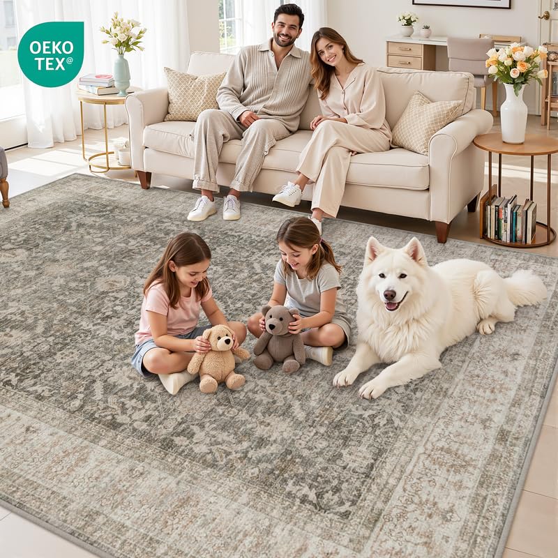 8x10 Washable Area Rug - Living Room Bedroom Taupe Vintage Style