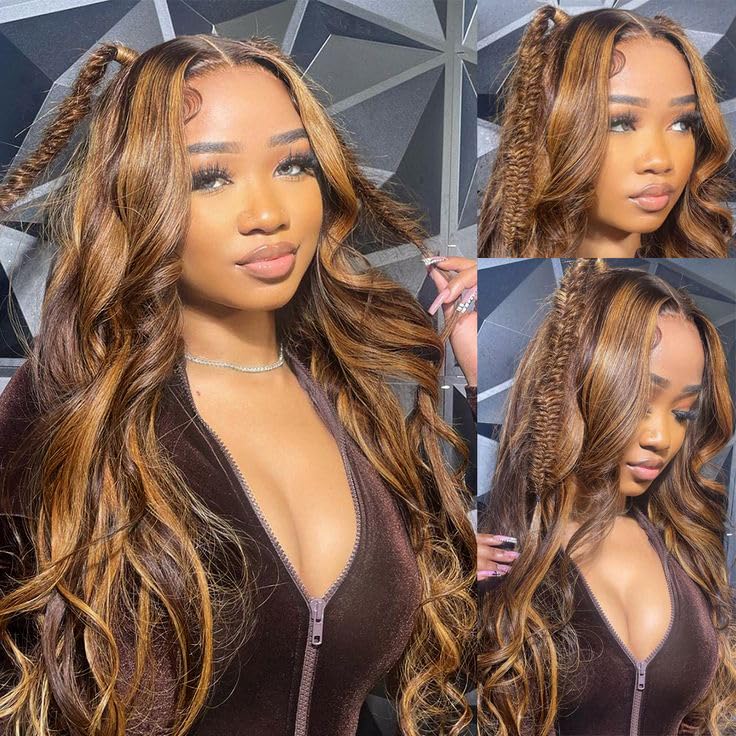 28 Inch Highlight Ombre Lace Front Wig Human Hair Pre Plucked Body Wave for Women - Honey Blonde