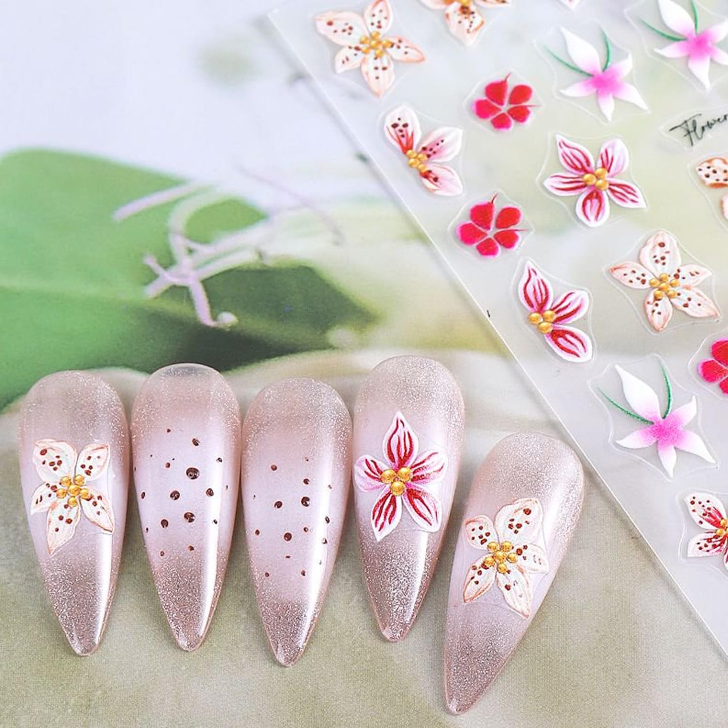 Flower Nail Stickers for Nail Art 5D Embossed Spring Summer Lily Hawaiian Flower Adhesive Nail Stickers Floral Nail Decals Summer Flowers Nails Design Manicure Supplies para Uñas Decor 4Pcs
