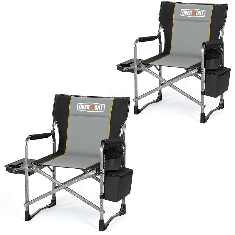 Overmont 2 Pack Folding Camping Chairs with Side Tables - 400 lb Capacity, Black/Gray (Variation: Blackgrey+2)