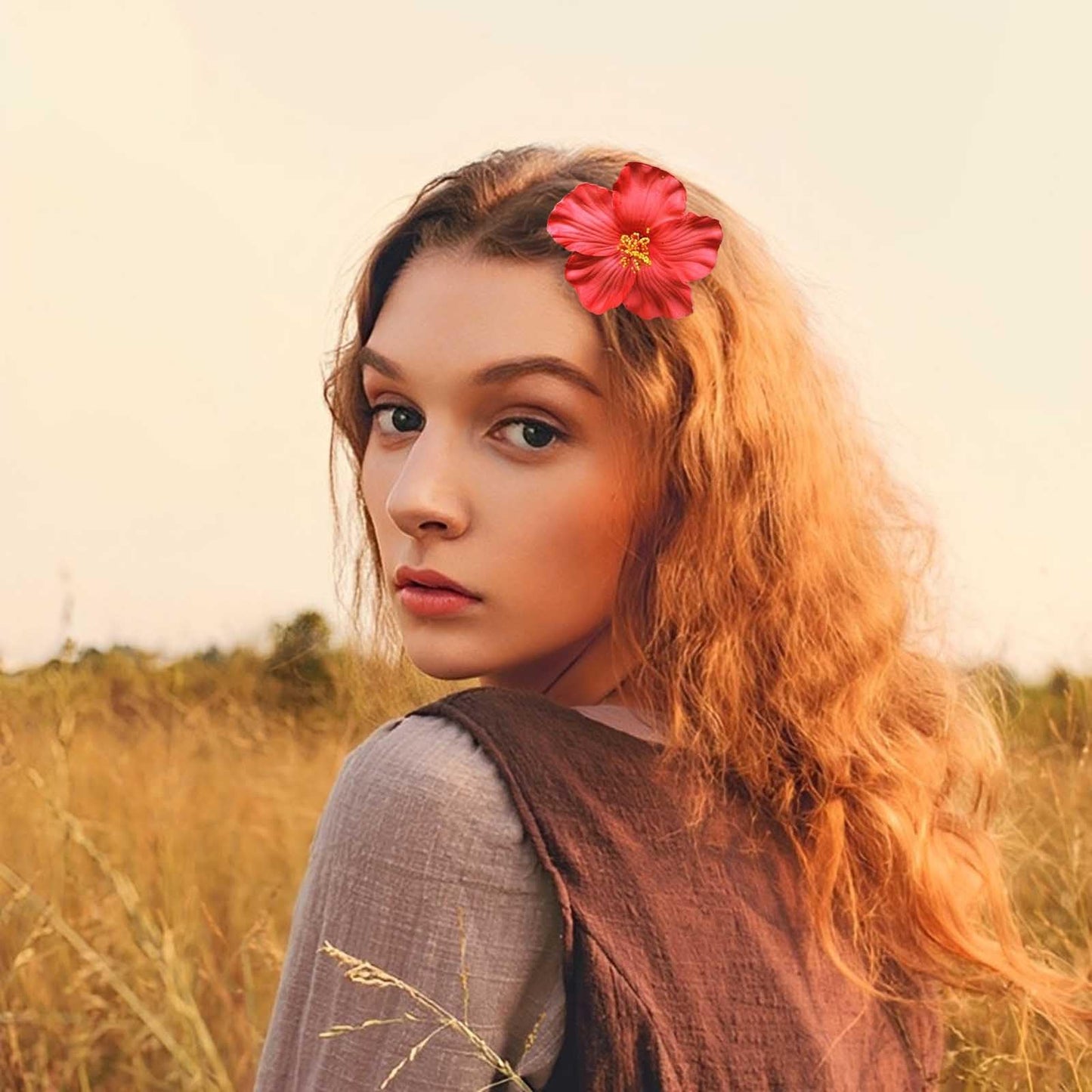 SOFISO 3Pcs Hawaiian Flower Hair Clips for Women 3.5 Inch Artificial Flower Clips Plumeria Hibiscus Hair Clip Beach Vacation Party Boho Hair Accessories for Women Girls(Red Purple and Rose Red)