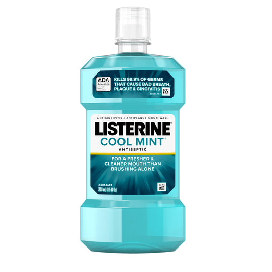 Listerine Cool Mint Antiseptic Mouthwash, Daily Oral Rinse Kills 99% of Germs That Cause Bad Breath, Plaque and Gingivitis for a Fresher, Cleaner Mouth, Cool Mint Flavor, 250 mL/ 8.5 Fl. Oz.