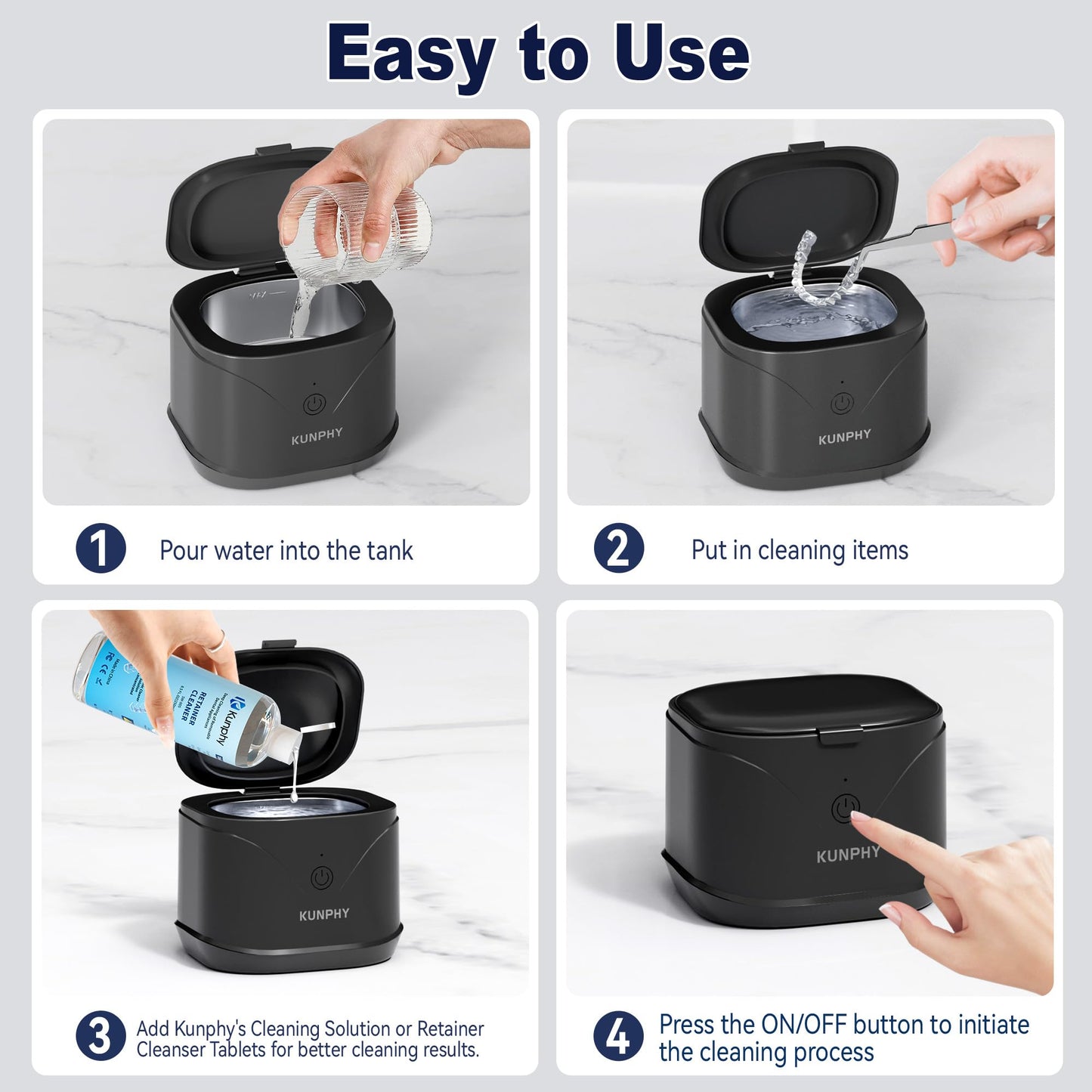Ultrasonic Retainer Cleaner, KUNPHY 46KHz Professional Ultrasonic Cleaner 7.5Oz, Retainer Cleaner Machine for Dentures, Braces, Aligner, Dental Appliances (Black)