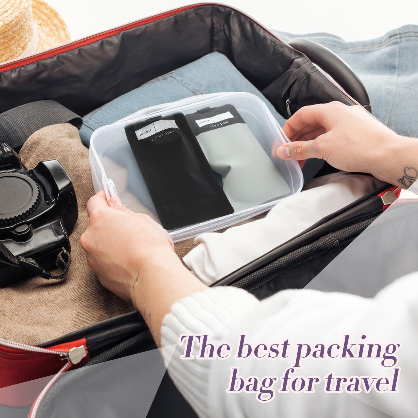 Funnymoom 3 oz 60 Pack Leakproof Empty Squeeze Pouches Refillable Travel Size Containers Liquid Pouches for Toiletries TSA Approved Travel Lotion