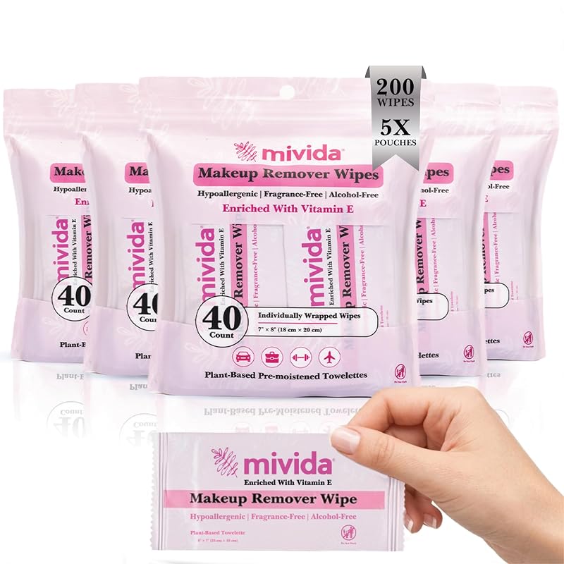 Fragrance Free Makeup Remover Wipes, 200 Count 5 Packs x 40 Count (Vitamin E)