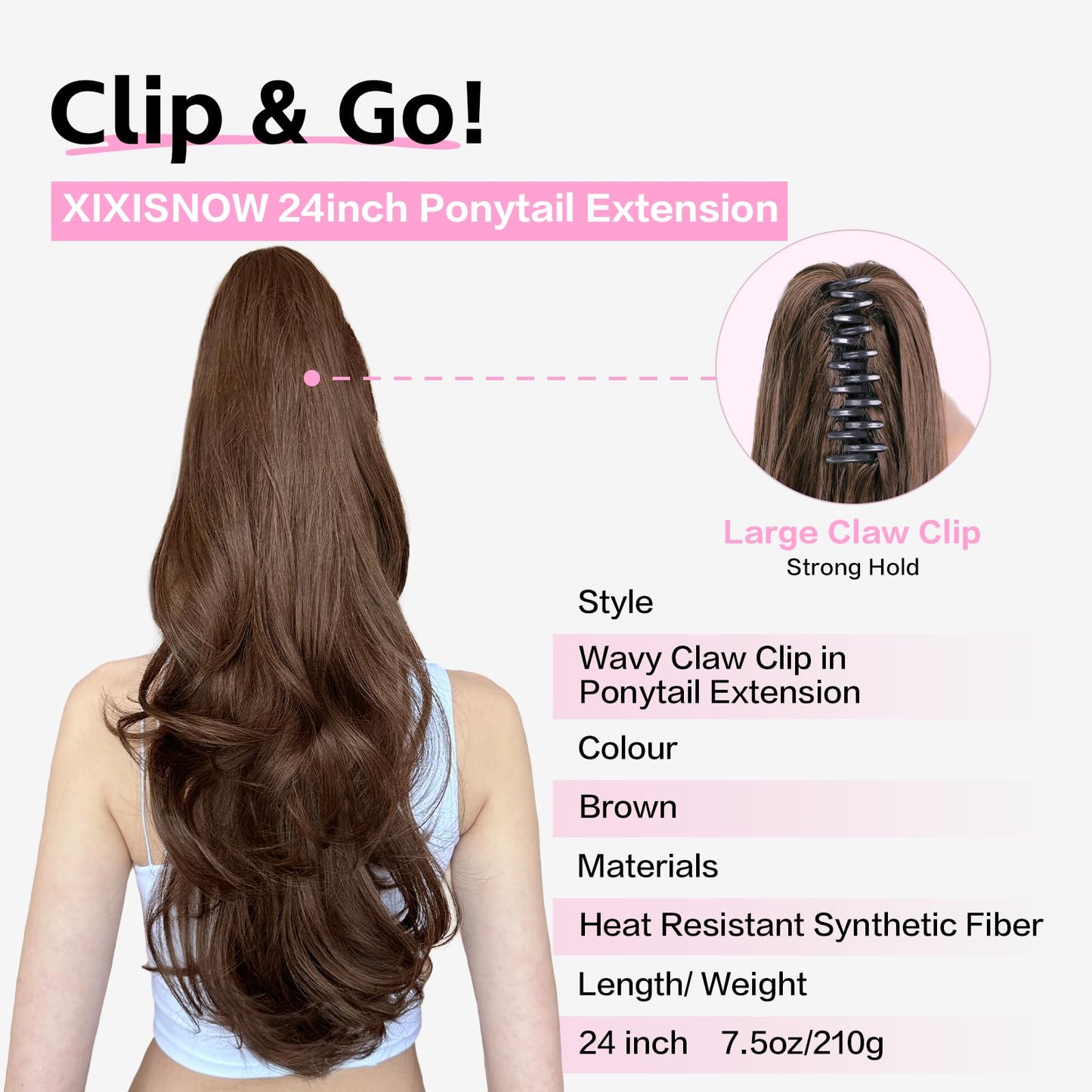 XIXISNOW Curly Ponytail Extension for Women 24'' Synthetic Heat Resistant Clip On Ponytails with Claw Clip Fluffy Long Hair Pieces Layered Ponytail Clips Extensions Party Daily Use(Brown,7.5OZ)