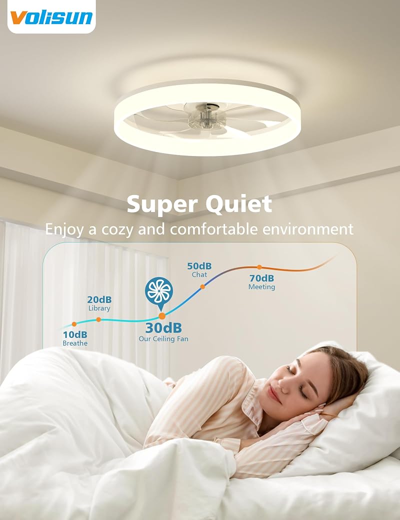 VOLISUN White 20 Inch Low-Profile Ceiling Fan with Lights, Remote, 3000K-6500K Dimmable, Flush Mount Variation: White+20 INCH