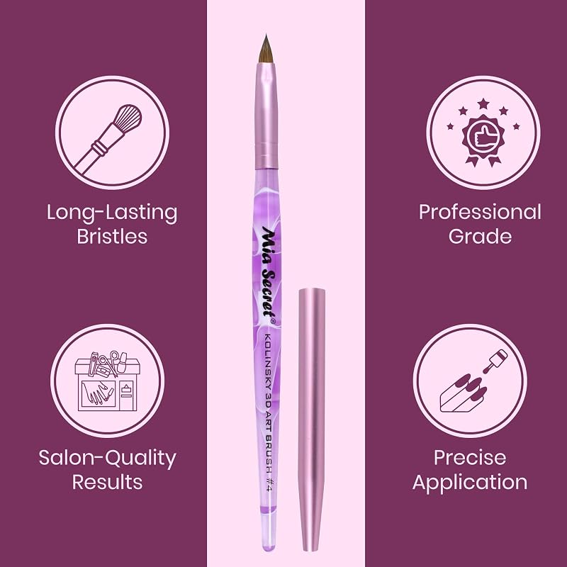 Nail Art Brush Set - Kolinsky Hair 4 Sizes for Acrylic & 3D Nail Art