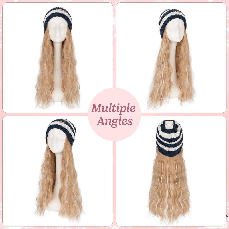 Beanie Wig with Hair 18in Synthetic Extensions in Blue/White Stripes - Ash Blonde Mix (#18P613) Variation 3
