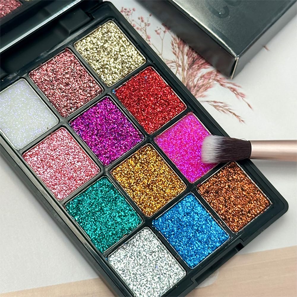 12 Colours Pearly Glitter Eyeshadow Palette, Sparkle Sequin Pearly Finish, Long-Lasting and Highly Pigmented Eyeshadows for Festive Look Carnival/Mardi Gras/Masquerade