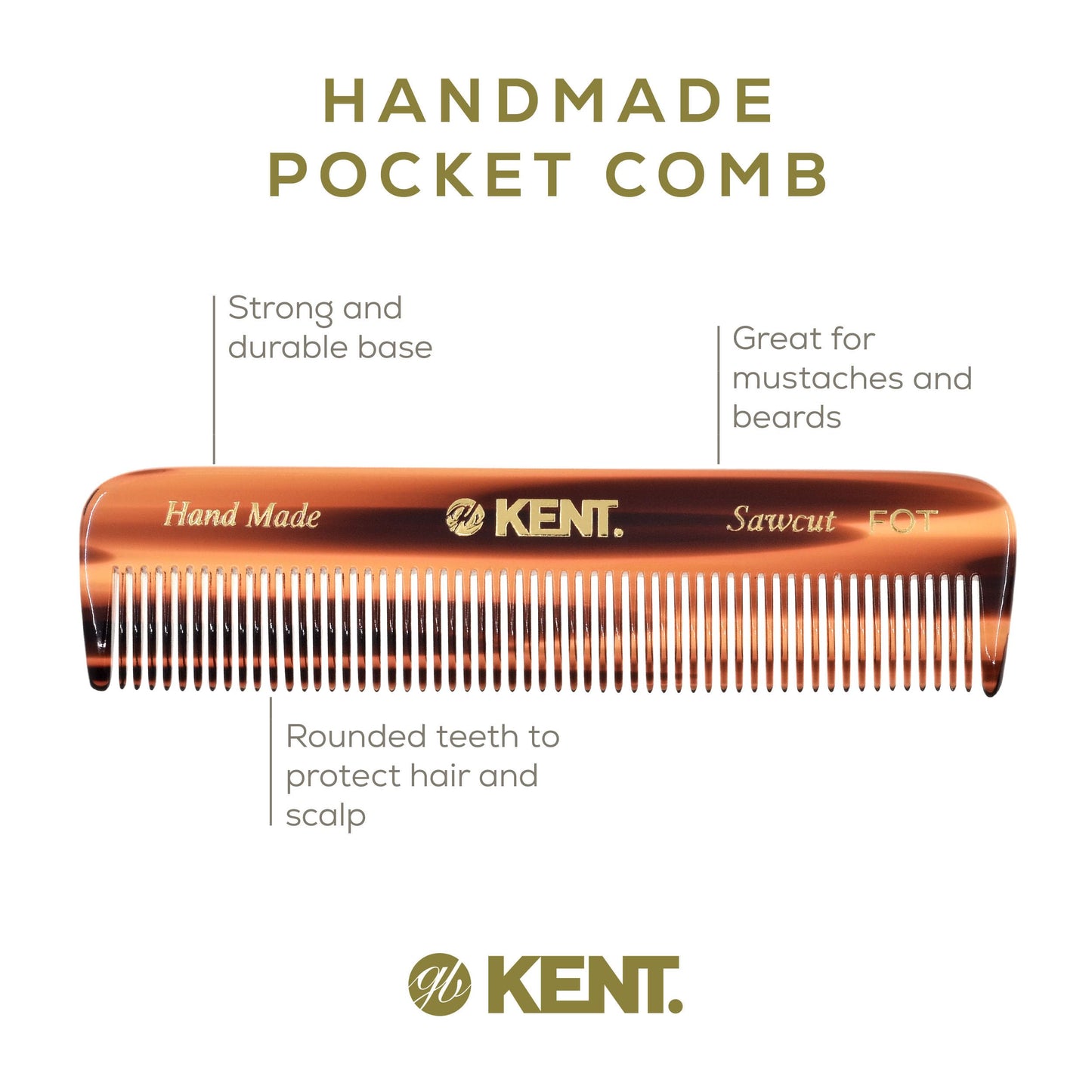 Kent FOT Tortoise Fine Tooth Comb for Men - Handmade Pocket Comb for Travel, Styling, Fine or Thinning Hair, Mustache and Beard Care Handpolished Saw-Cut Made in England