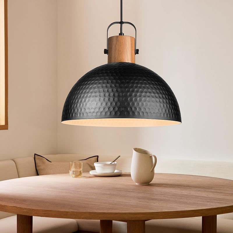 ELYONA 16 Inch Ash Wood Hammered Pendant Light - Black, 1 Pack, Dimmable Ceiling Lamp