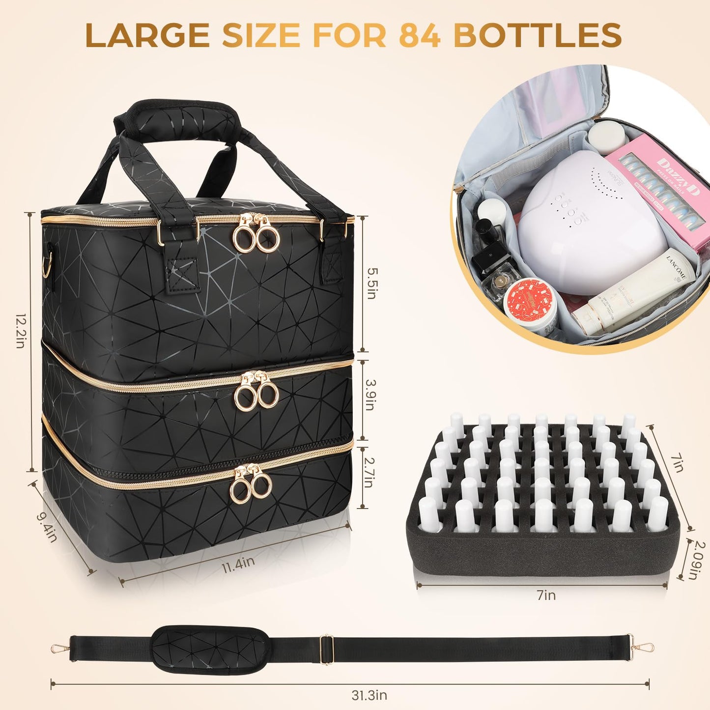 Nail Polish Organizer Bag Holds 84 Bottles & Nail Lamp, 3 Layers Nail Kit Storage Carrying Case Pu Leather, Large Nail Supplies Organizer With Shoulder Strap, Portable Travel Nail Bag For Nail Tech