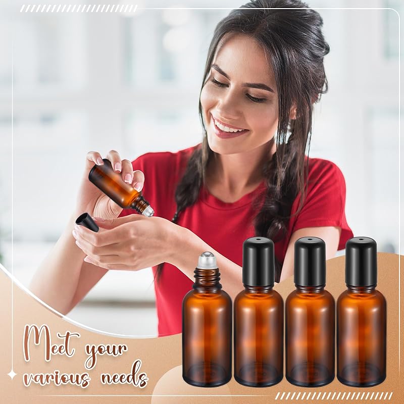 Amber 30 ml Roller Bottle Set - 24 Amber Glass Roll-On Bottles with Funnels & Labels