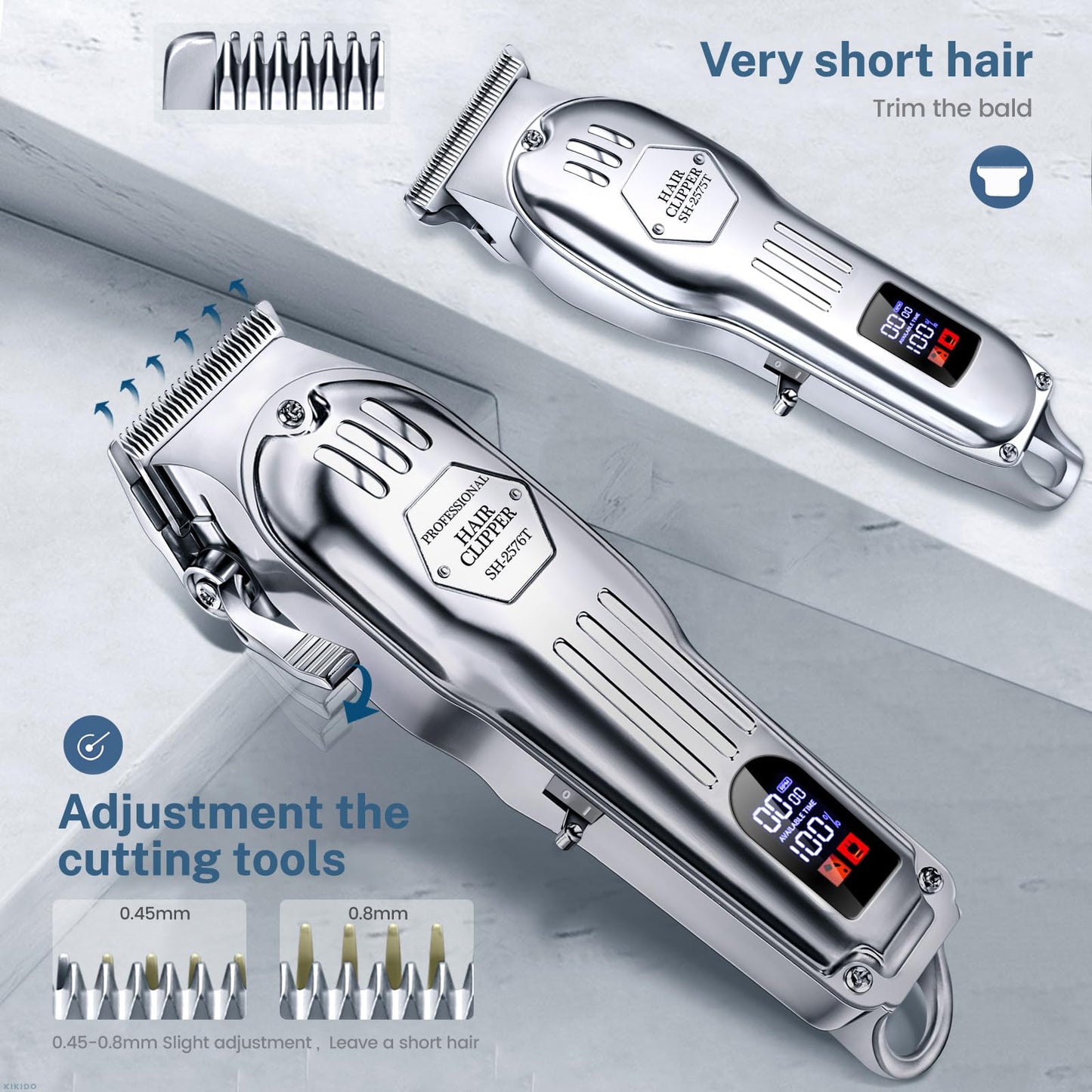 KIKIDO Hair Clippers Professional Cordless for Men, Barber Clippers for Hair Cutting Kit, Wireless LCD Display Hair Trimmers Set, Rechargeable Haircut Machine for Family (Sliver)