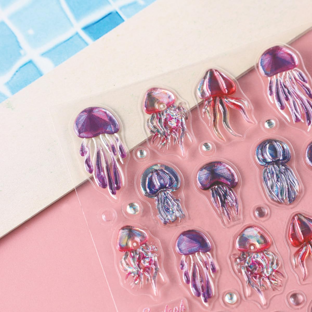 Summer Jellyfish Nail Art Stickers 5D Embossed Jellyfish Nail Decals 1PCS Purple Marine Life Ocean Theme Summer Nails Design Adhesive Sticker Manicure Supply for Women DIY Nail Art Decorations