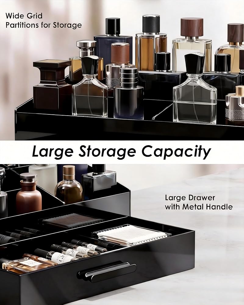 ProCase Cologne Organizer for Men - Acrylic Perfume Stand with Drawer (Black, 1 Layer)