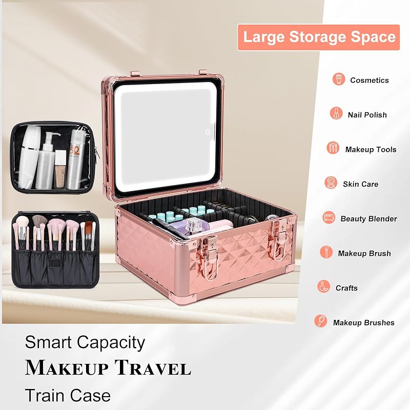 Sparkling Makeup Box with LED Mirror - Travel Hard Case with Adjustable Dividers (Rechargeable) - Cosmetic Organizer Gift
