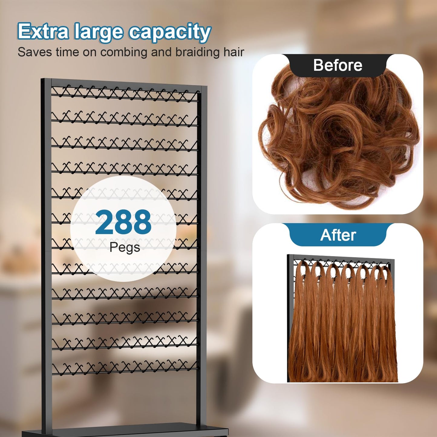 Portable Braiding Hair Rack with Wheels & Storage Drawers,2-Sided 288 Pegs,Hair Extension Holder Hanger for Braiding Hair Separator Stand Display,Hair Rack with Stylist Hair braiding Tools(Black)