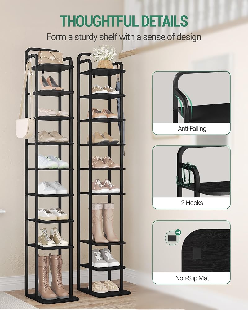 Vertical 10-Tier Shoe Rack Organizer – Free Standing 67.3" Tall, Black with 2 Side Hooks (Variation: Black+10 Tier)