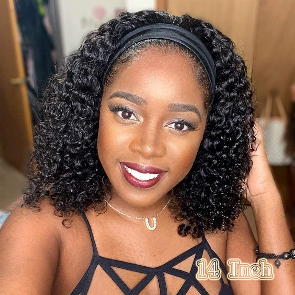 Lauberita Headband Wig Human Hair Wigs 14 Inch Wear and Go Glueless Wig Curly Deep Wave Headband Wig Natural Color