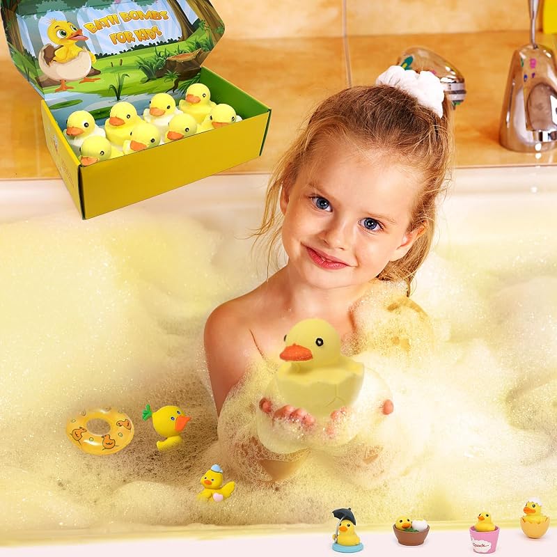 Duck Bath Bombs with Toys Inside - 8 Pack Organic Kids Bath Gift Set