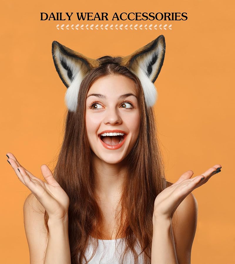 Brown One Size Fox Wolf Cat Ears Headband - Plush Animal Ears Hairband for Cosplay