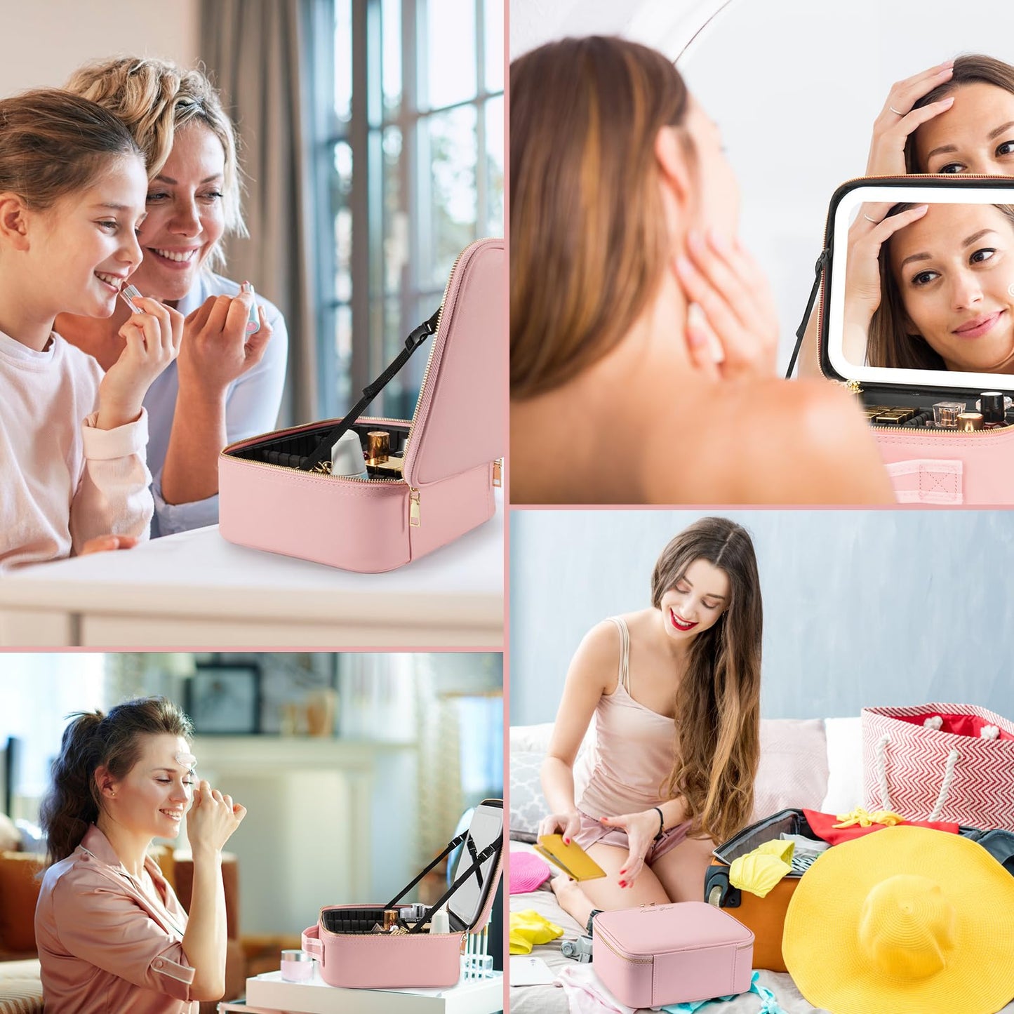 Extrei Gent Makeup Travel Train Case with Mirror LED Light 3 Adjustable Brightness Large Cosmetic Bag Portable Storage Adjustable Partition Waterproof Makeup Brushes Make up Jewelry Gift for Women