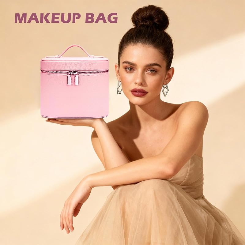 Large PU Leather Makeup Case with Removable Washable Dividers - Pink