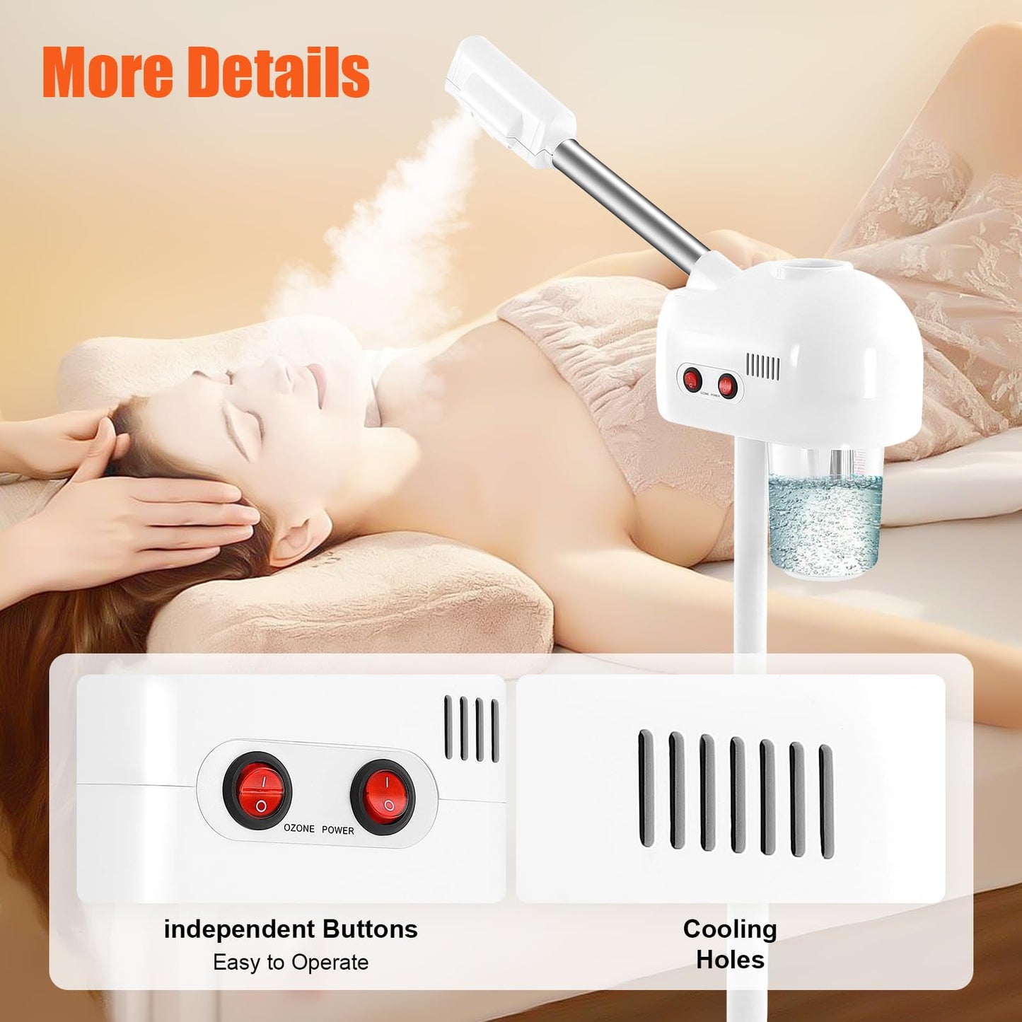 Professional Ozone Facial Steamer on Wheels, Adjustable Height, 360° Rotatable Nozzle, for Home and Salon