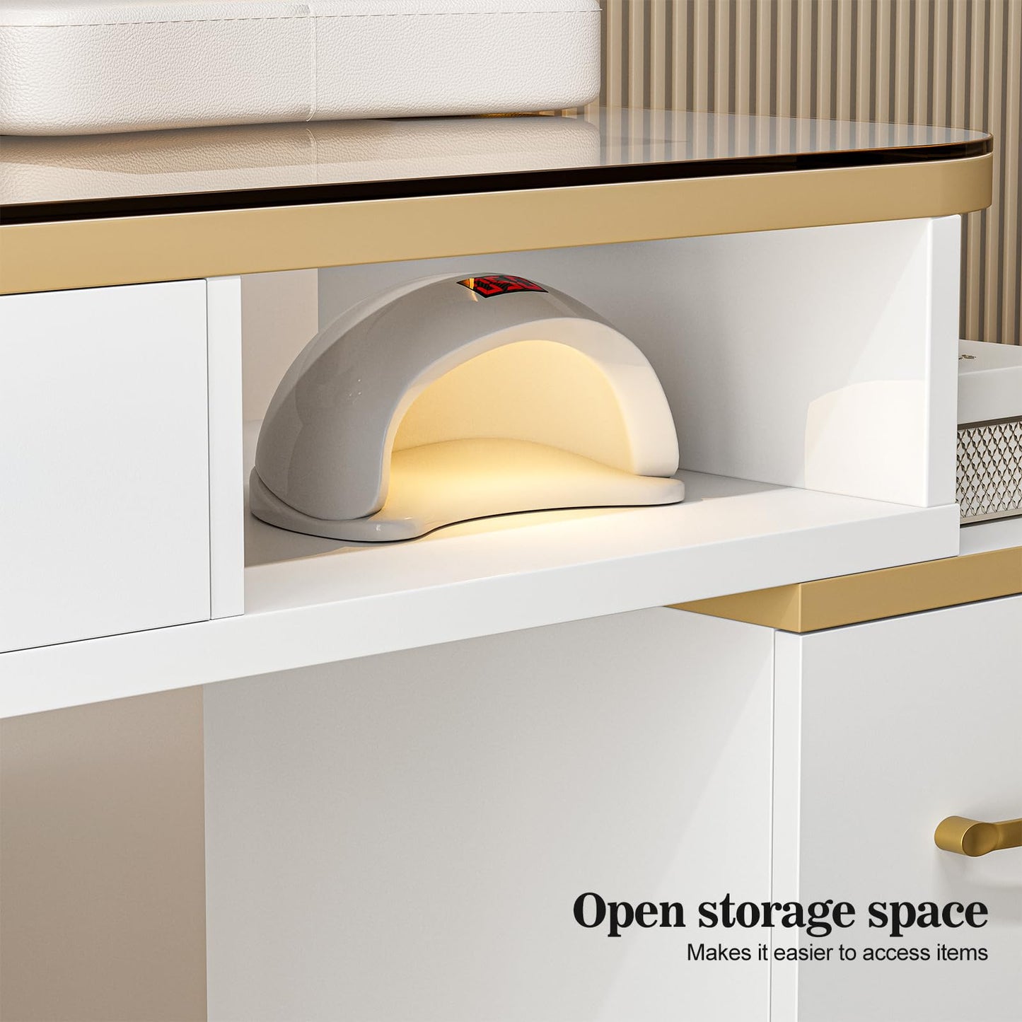 Paddie Manicure Table for Nail Tech, Glass Top Nail Desk Station w/4 Drawers & 2-Tier Storage Shelves, Salon Beauty Workstation Acetone Resistant w/Wrist Cushion, Golden Handles (White)