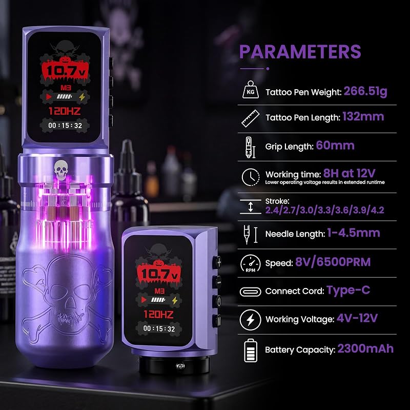 Wormhole Wireless Tattoo Gun Kit with Skull Pattern - Lining & Shading, Two Purple (WTK0295) - 7 Stroke Adjustable