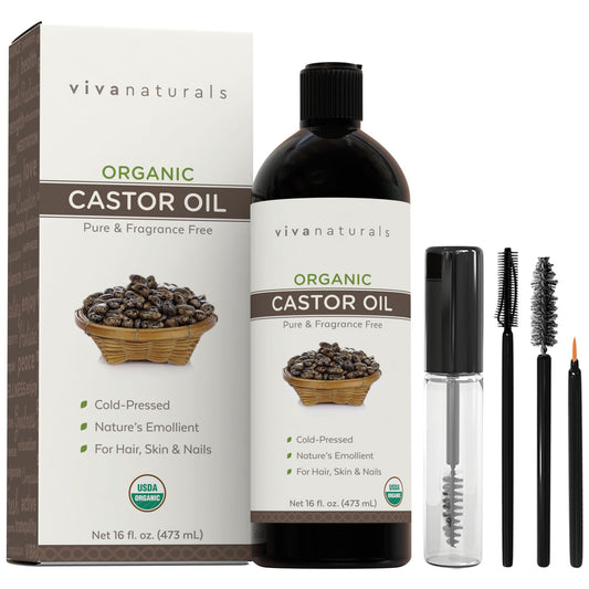 Viva Naturals Cold pressed Organic Castor Oil 16 fl oz - Castor Oil for Face, Eyelashes, Traditional Eyebrow Serum, Hair Oil - Certified Organic & Non-GMO
