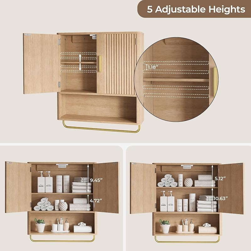 Natural Wood Bathroom Wall Cabinet with Fluted Door, 5-Level Adjustable Shelf