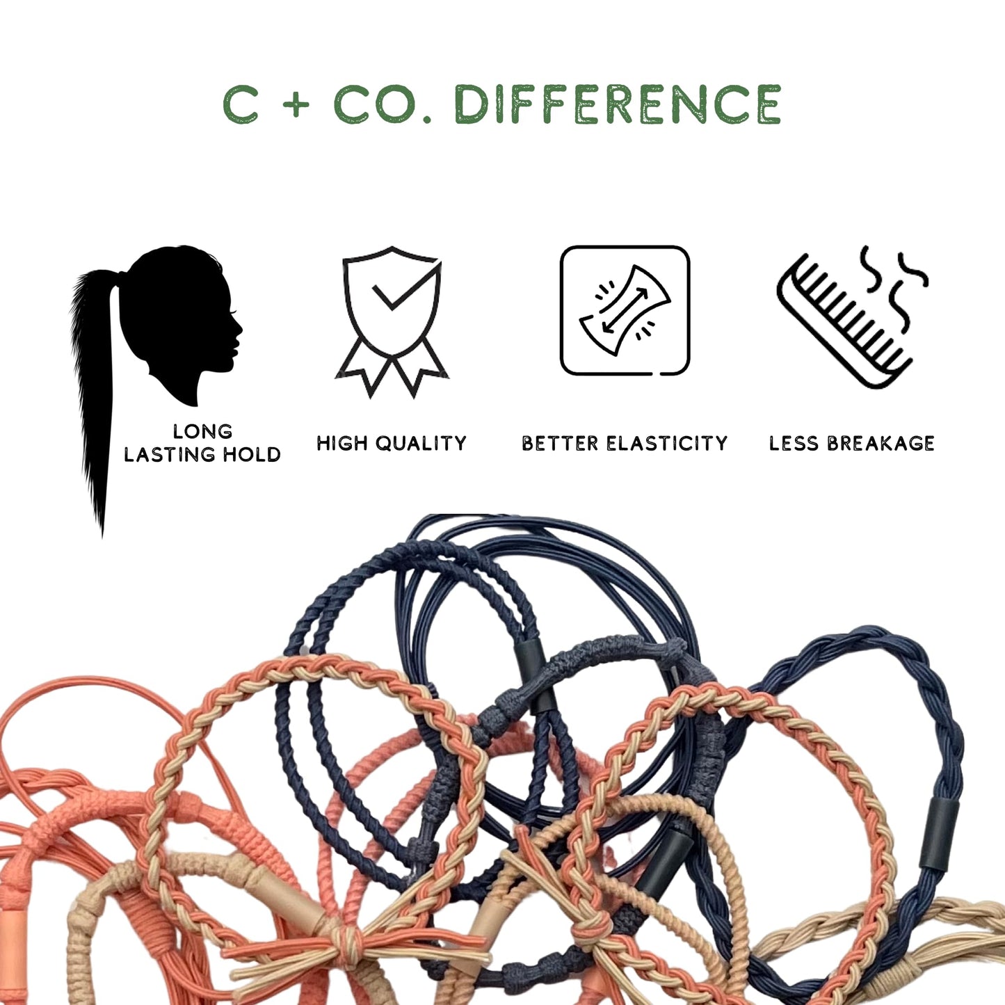 Coiffed + Co. Stacked Bracelet Hair Ties (Color: Linen, Peach, Navy) 14 Count, Hair Ties for Women, No Damage Hair Elastics, Hair Bands, Ponytail Holders, Ties for Thick and Thin Hair, Holiday Gift