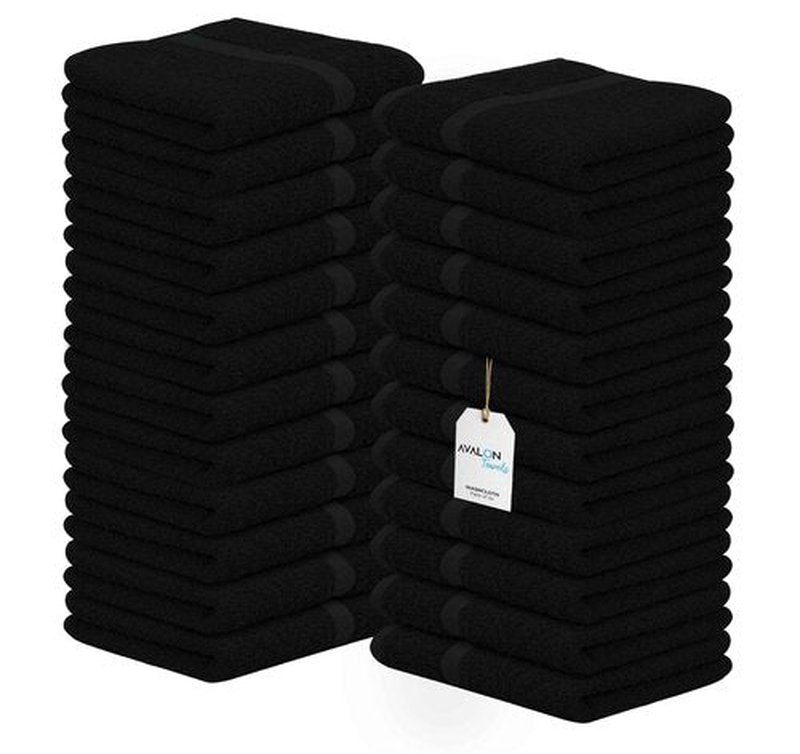 Avalon Towels Cotton Washcloths – (Pack of 24) Size 12x12 Inches, 100% Ring Spun Cotton, Soft & Absorbent Face Towels, Gym Towels, Hotel and Spa Quality, Reusable Fingertip Towels (Black)