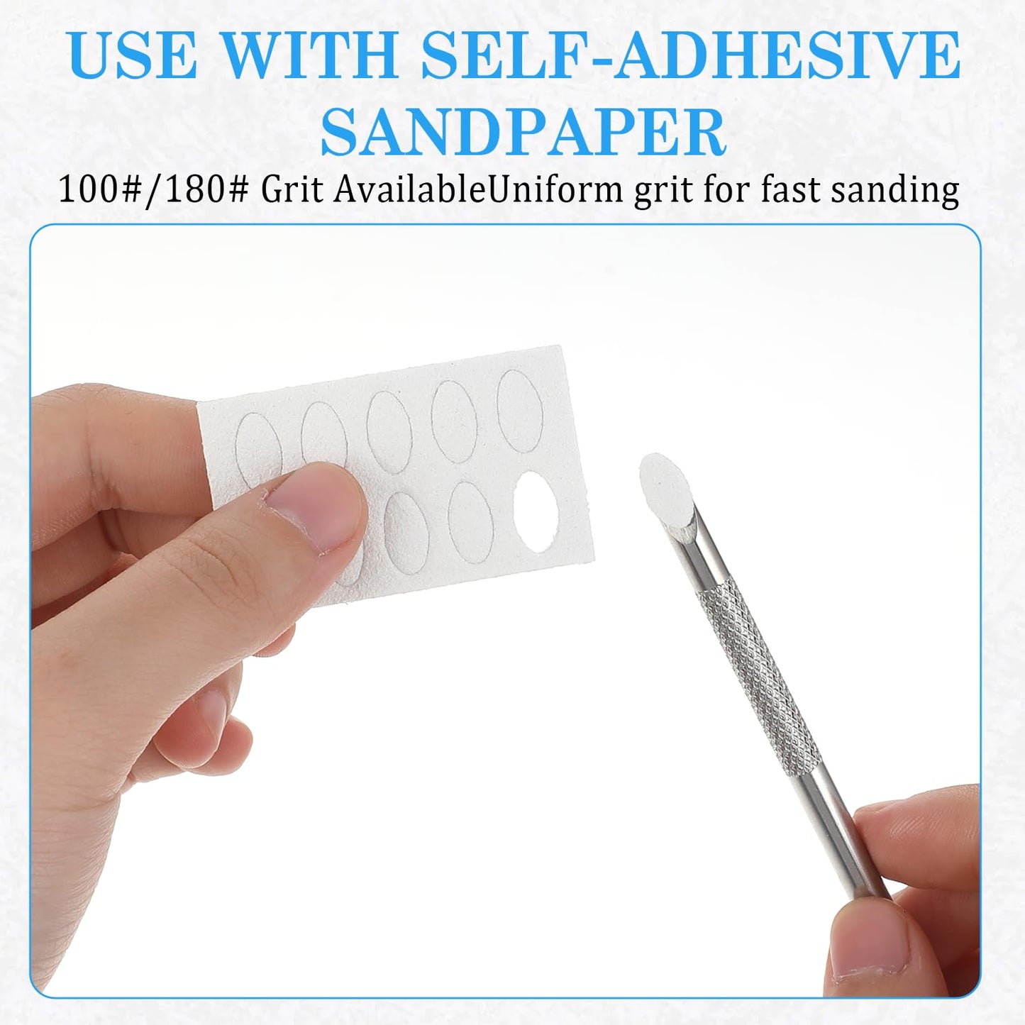 Dual Ended Cuticle Pusher, Round Cuticle Pusher Remover Manicure Tools for Fingernails with 100/180 Self-Adhesive Grit Sandpaper Sheets (Silver)