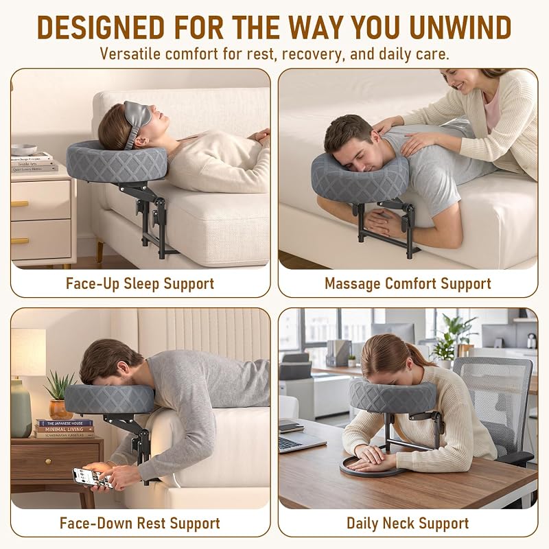 Massage Headrest for Bed with Grey Face Cradle, Height Adjustable to 19 in