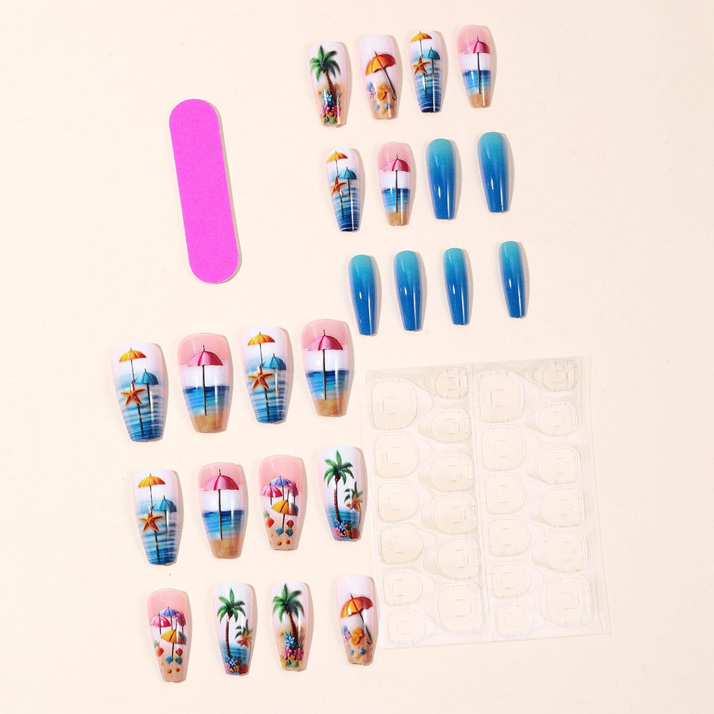 Summer Beach Press on Nails Sea Stars Stick on Nail Ocean Acrylic Full Cover Fake Nails 24Pcs Glossy Colorful Medium Coffin False Nail Coconut Tree Gel Glue on Fingernails for Holiday Manicure Art