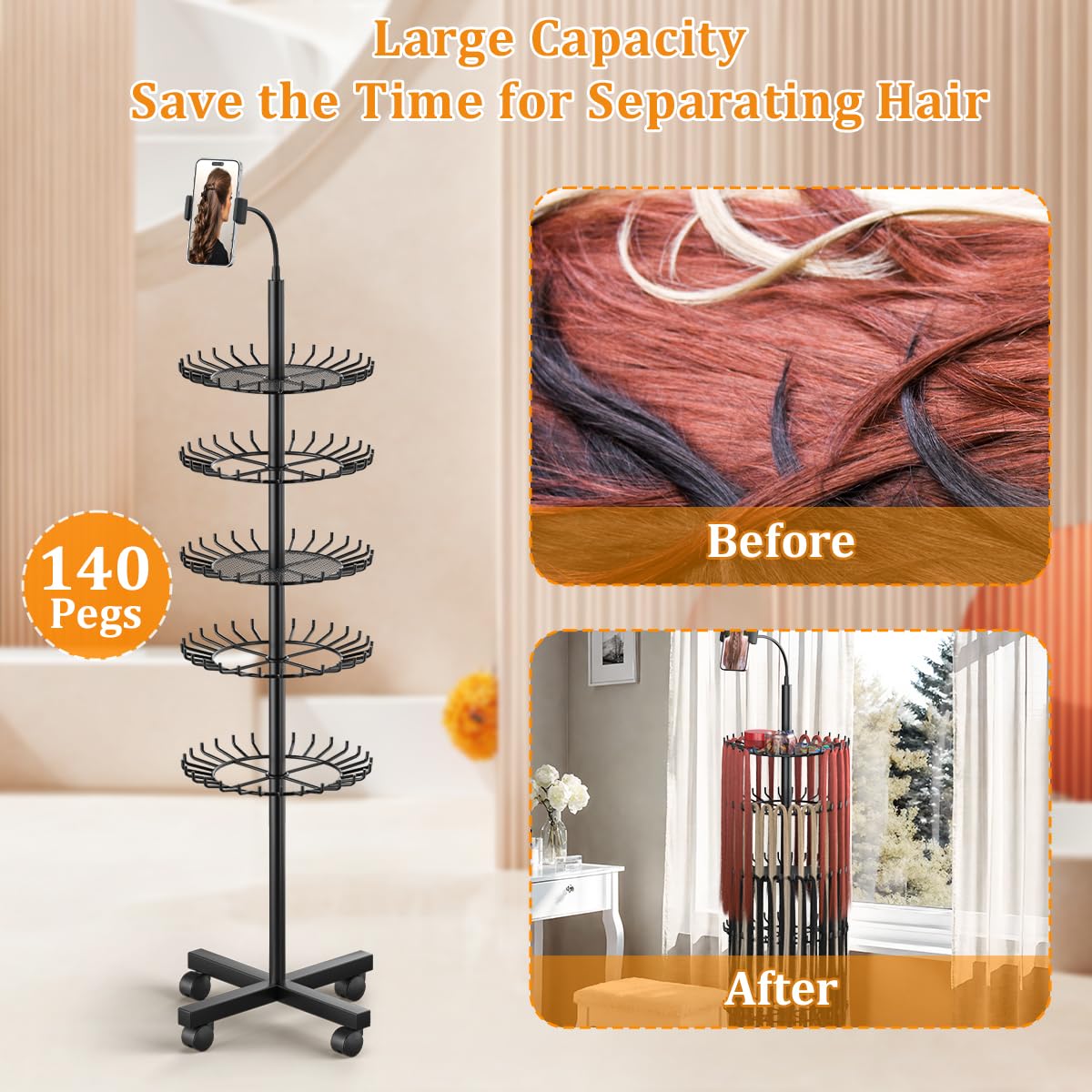 TERIBEYI Braiding Hair Rack Standing Hair Extension Holder Hanger with 140 Pegs - Braiding Hair Rack & Divider Stand for Displaying and Separating Hair