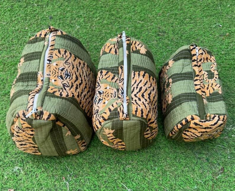 YILLE Quilted Toiletry Bags Set of 3 for Women - Dark Green Fat Tiger Travel Organizer