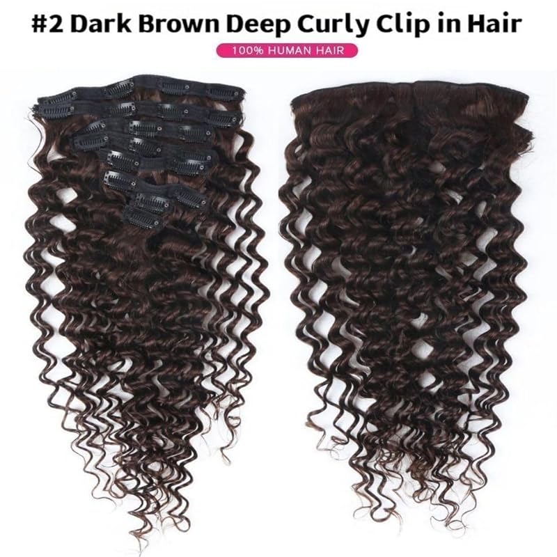 Clip-In Hair Extensions Real Human Hair 22in Double Weft Brazilian Deep Wave - 8Pcs 120g Dark Brown DW+22 Inch-120g