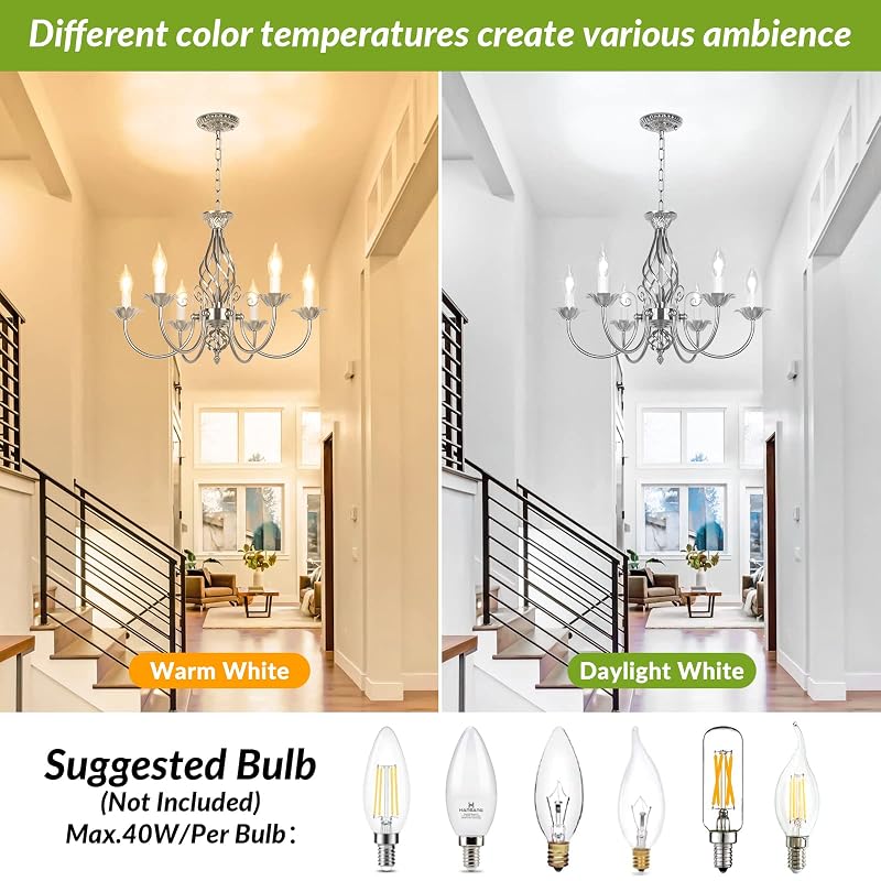 VerRon 6-Light Farmhouse Candle Chandelier - Brushed Nickel + 22" Chain