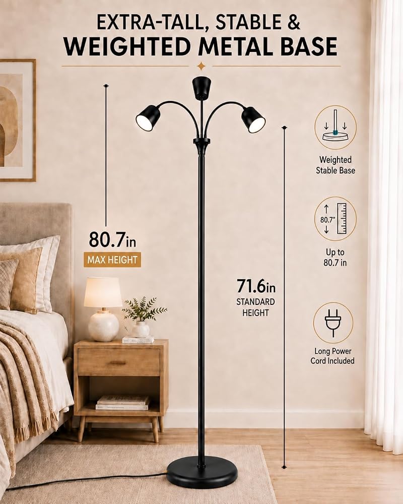 Ultra-Warm 1700K 3-Head Floor Lamp with Remote, 80.7” Tall, Stepless Dimming & Memory