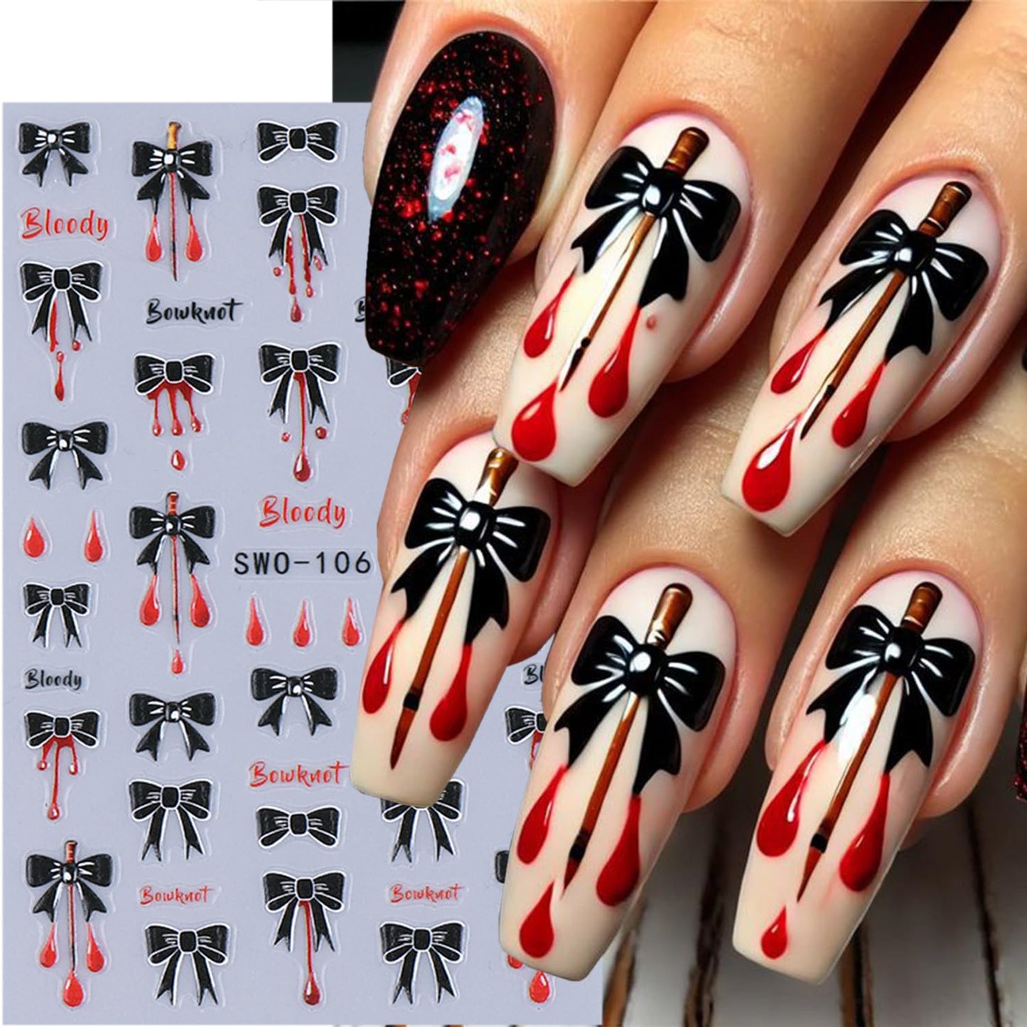 4 Sheets Halloween Nail Stickers for Nail Art Black Bow Spider Web Nail Decals with Crystal Diamond Designs Bloody Bows Nail Art Stickers 5D Self-Adhesive Halloween Nail Decoration for Women