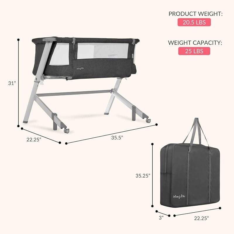 Dream On Me Skylar Bassinet & Bedside Sleeper - Black, Adjustable Height