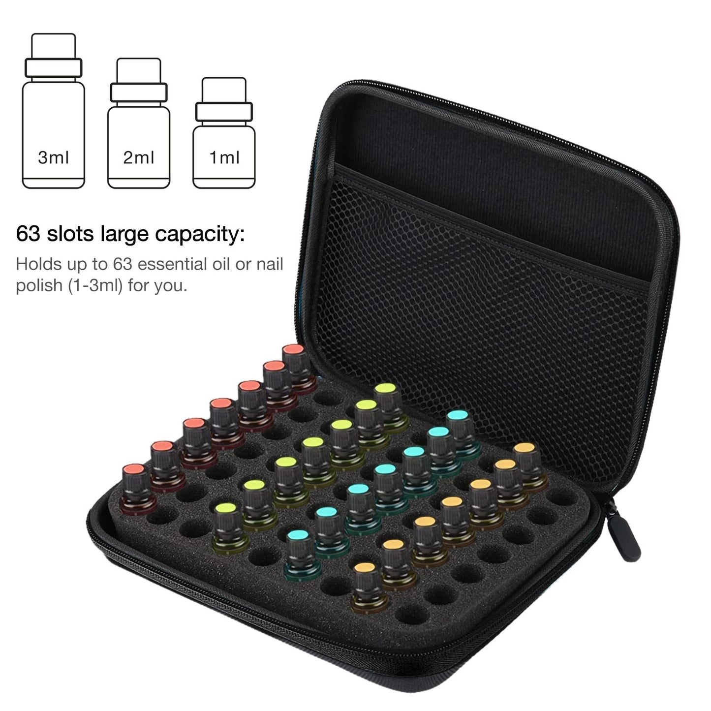 Jerliflyer Essential Oil Storage Bag,1-3ml 63 Slots Portable Aromatherapy Essential Oil Storage Bag Case Collision Proof No Leakage 16mm Aperture Essential Oil Organizer for Travel Outdoor (black)