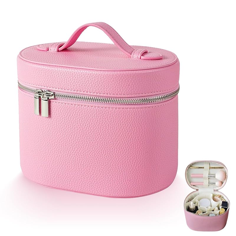 Large PU Leather Makeup Case with Removable Washable Dividers - Pink