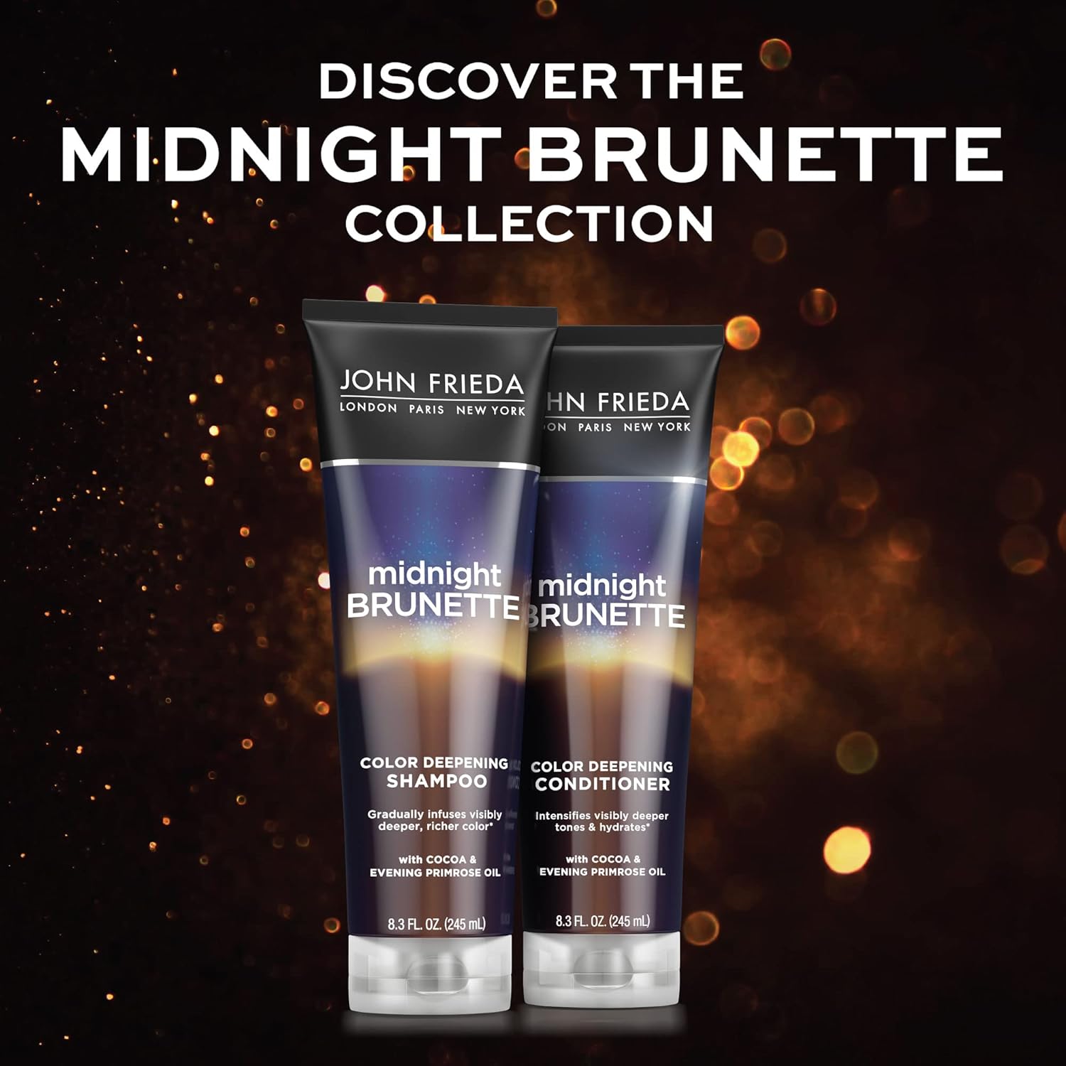 John Frieda Midnight Brunette Shampoo, Color Deepening Shampoo to Enhance and Refresh Brunette Tones, Cocoa and Primrose Oil-Infused Shampoo to Revive Brunette Color, 8.3 Oz