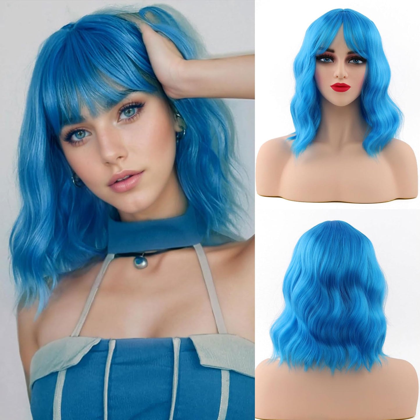 HWHRGL Light Blue Wigs with Bangs for Women 14 Inch Short Wavy Bob Wigs With Bangs Synthetic Bob Wig Curly Wig Heat Resistant Colorful Wavy Wig for Cosplay Daily Party Use Halloween Wigs